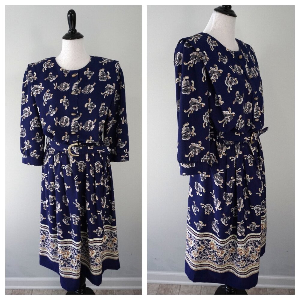 Vtg Breli Original Blue White Floral Print Belted Elastic Waist Button Dress 18
